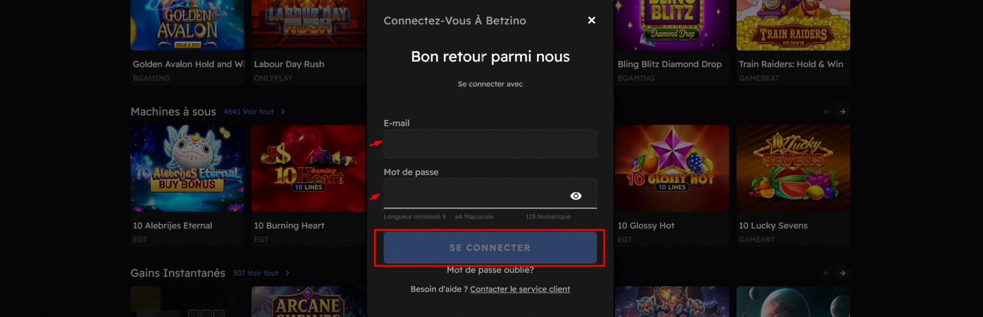 Page de connexion au compte Betzino casino