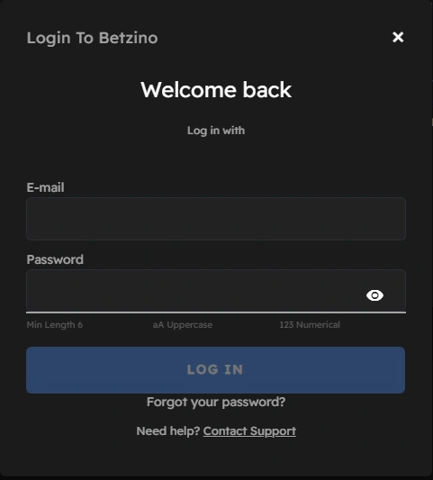 Betzino Casino Login Form